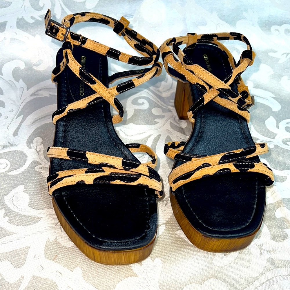 Christian Di Riccio Leopard Cheetah Strappy Platform Heeled Sandals Clog
